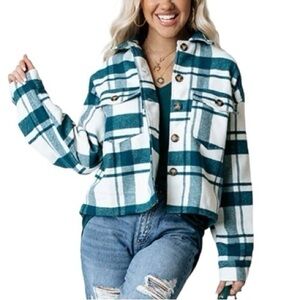 fab rik Plaid Flannel Jacket Oversized Teal White Cropped